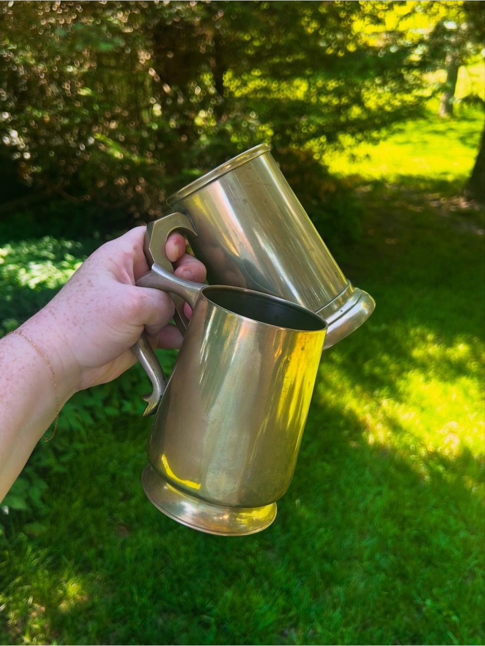 Vintage Brass Tankard Mugs - Set of 2 Heavy Metal Steins
